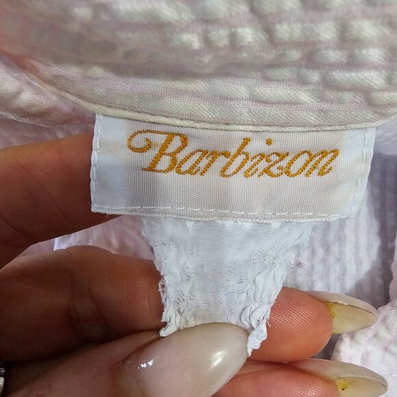 Vintage Barbizon Long Embroidered Nightgown Pajamas Pink White Seersucker Size S - Picture 9 of 16